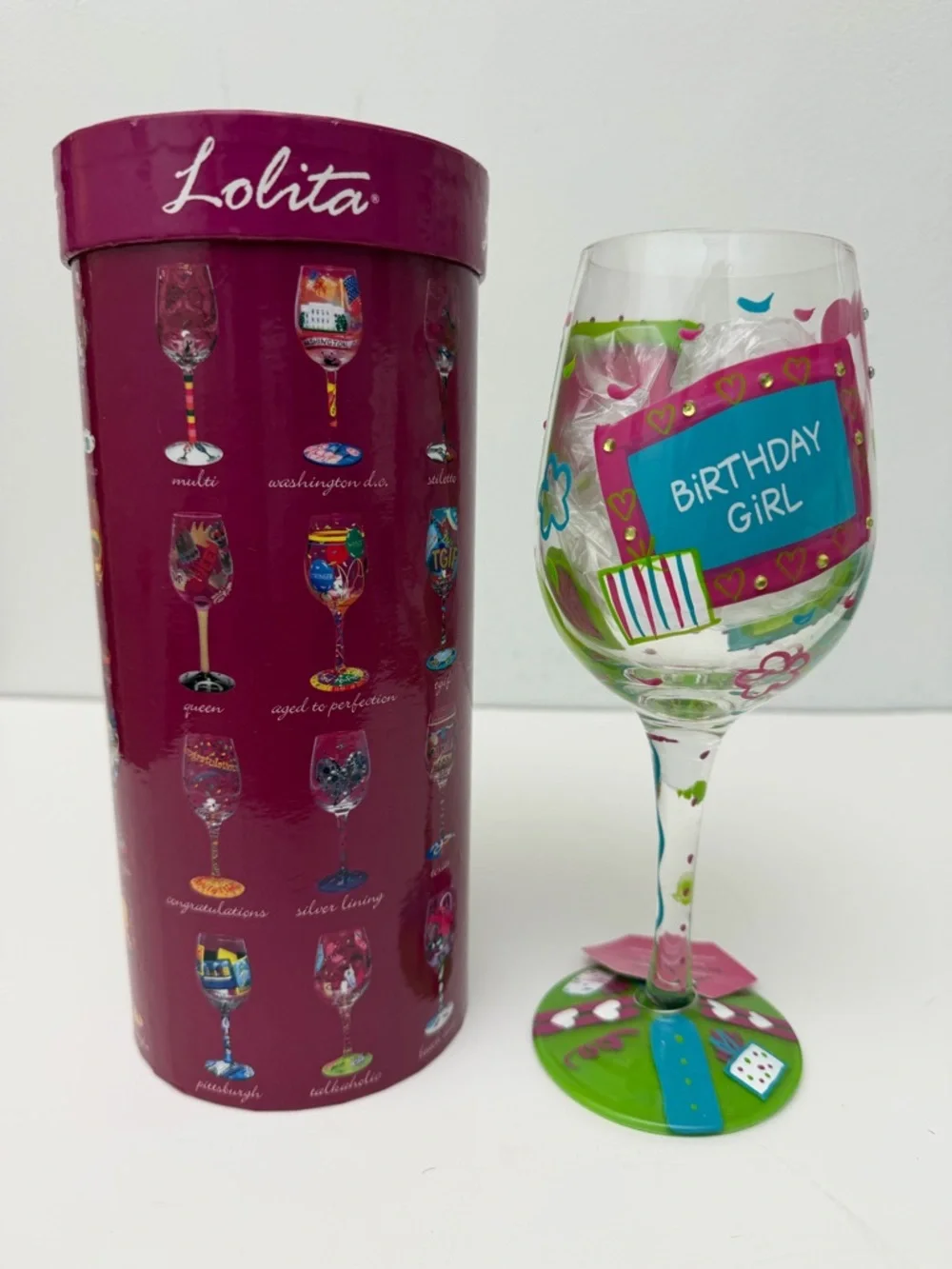 Lolita Pink & Green 'Birthday Girl' Hand-Painted Wine Glass